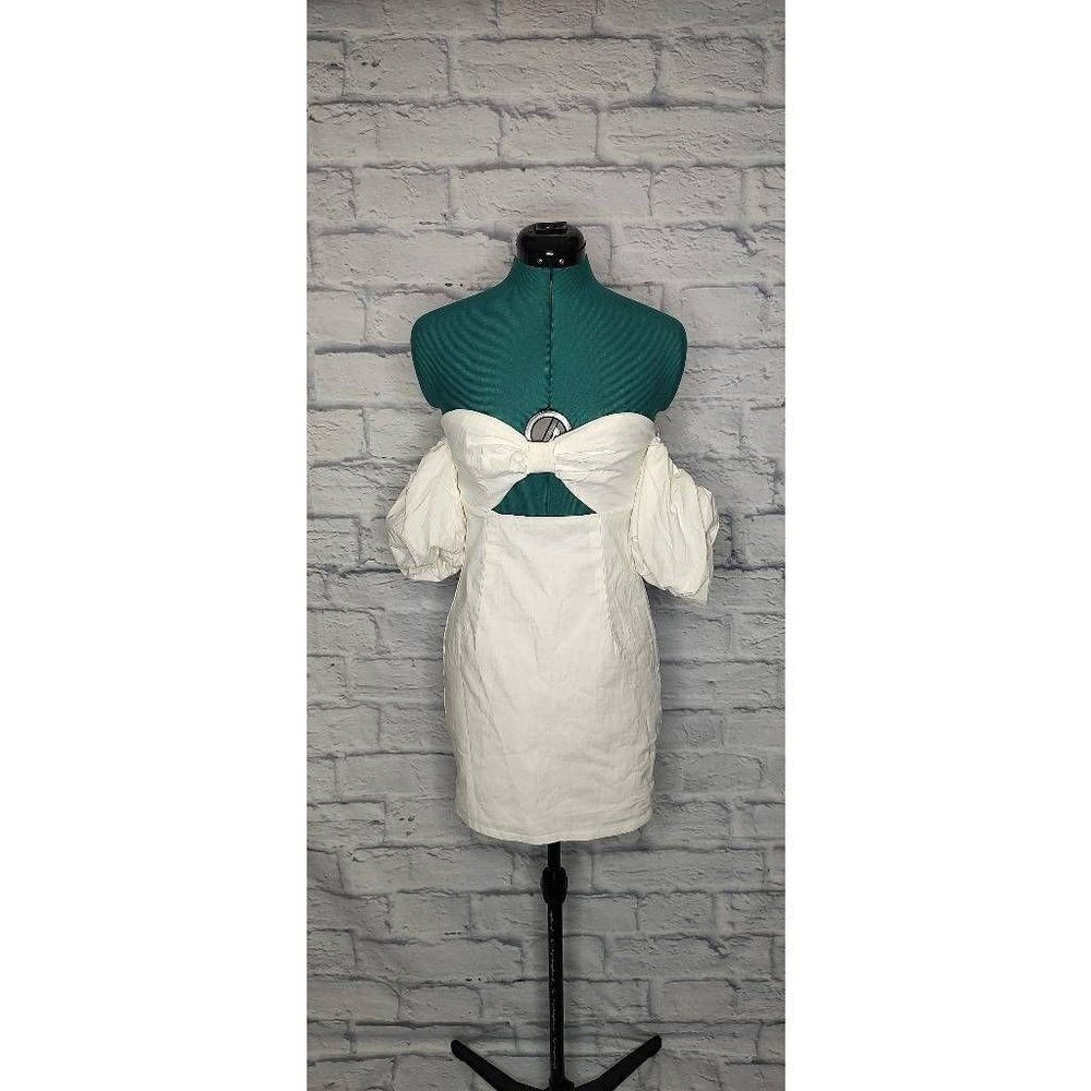 Mable Carine Womens Dress Off White Mini puff sleeves Strapless Cut Out S New